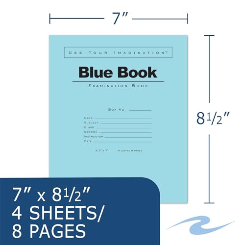 ROARING SPRING Exam Blue Books, 100 School Examination Booklets, 8.5\" x 7\", 4 Sheets/8 Pages, Wide-Ruled with Margin Student Testbook, Made in USA