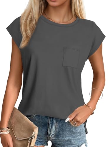 SMENG Black Tops for Women UK Cap Sleeve Round Neck Crewneck Tees Plain Solid Color Siede Split Ladies T Shirts Black XL