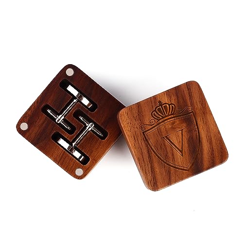 Image of Mens Initial Silver Cufflinks A-Z Alphabet Letter Steel Cuff Links with Engraved Walnut Wood Box Groom Groomsman Wedding Set