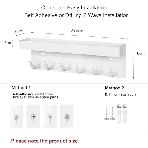 Echehi 6 Hooks Key Holder, Self-Adhesive or Drilled Wall Key Rack, Key Hooks Wall Mounted for Entrance Areas, Offices, Bathrooms, Living Rooms (White) - Cosy Home Interiors Echehi 6 Hooks Key Holder, Self-Adhesive or Drilled Wall Key Rack, Key Hooks Wall Mounted for Entrance Areas, Offices, Bathrooms, Living Rooms (White) - Image 2