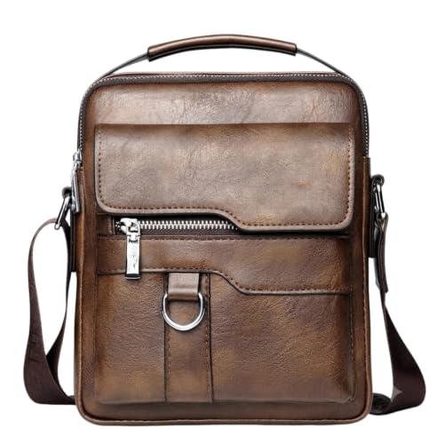Dynamart Bolsa Tiracolo Masculina, Couro Sintético PU, Preta, Design Vintage, Alça Ajustável, Compartimentos com Zíper, para Trabalho e Viagem, 22x6x26 cm (Marrom)