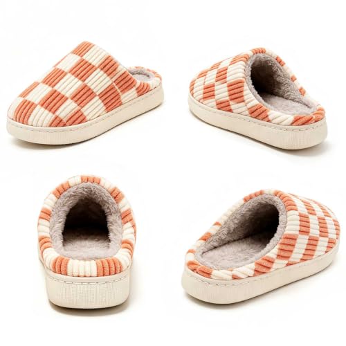 Image of Checkered Slippers for Women and Men - Fuzzy House Slippers with Memory Foam, Comfy Plush Fluffy Indoor House Shoes, Cozy Warm Slip on Bedroom Slippers with Non-Slip Sole