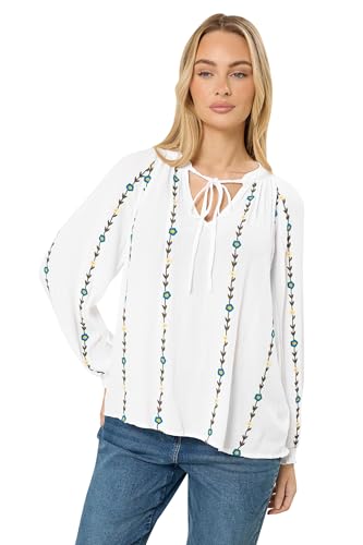 Image of M&Co White Floral Embroidered Tie Neck Blouse - Women's
