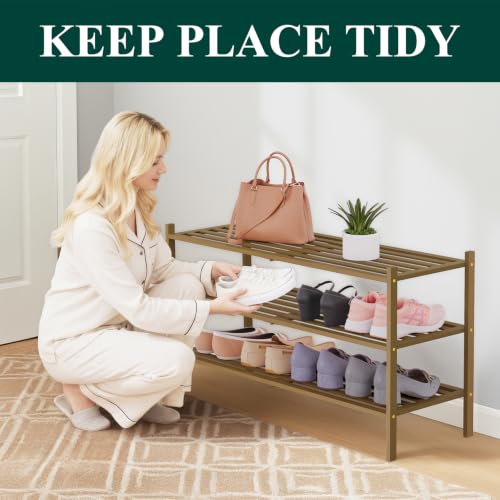 Image of Smiry Bamboo Shoe Rack, 5 Horizontal Slats, 3 Tier - 33.9 inch Wide, Walnut