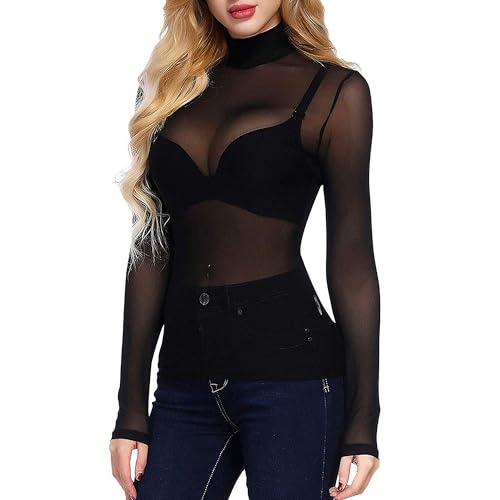 Damen Sexy Netzoberteil Transparent Netz Oberteil Schwarz Mesh Top mit Rollkragen Sheer Tüll Mesh T-Shirt Tunika Netz Oberteil Transparent Schwarz Sheer für Clubwear, Partys(Größe: M)
