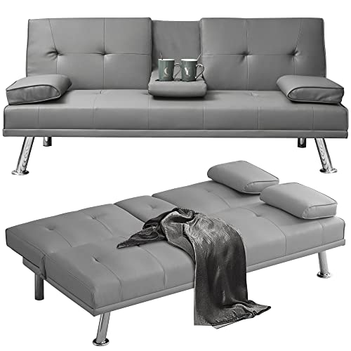 Futon Sofa Bed, Multifunctional Foldable Recliner Faux Leather Sleeper Sofa W/ 2 Cup Holders, Loveseat Daybed Guest Bed For Compact Living Spaces, Apartments, Dorms, W/Removable Armrests,Gray #TOP18