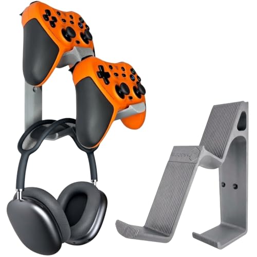Image of Retro Dual Gaming Controller & Headphone Stand Wall Mount with Cable Holder | Stick-On Adhesive No-Drill | ABS Organizer for Gaming Room & Desk | Includes Cleaning Wipes (Silver, Pack Of 2)