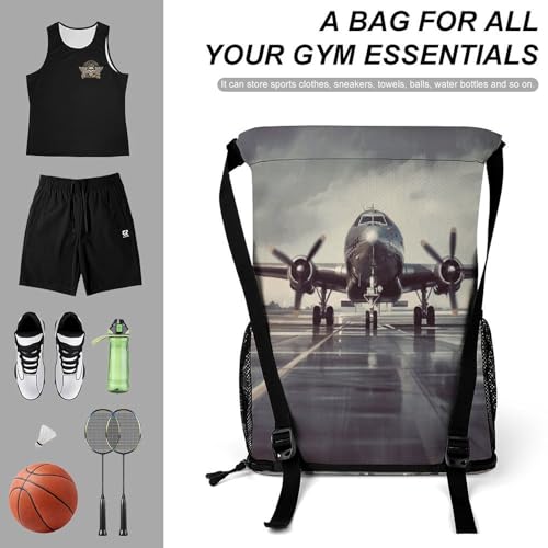 Waterproof Drawstring Gym Backpack with Shoe Compartment & Wet-Proof Pocket - Lightweight 28L Airplane Art Sports Backpack Travel Workout String Bag for Yoga Swim3