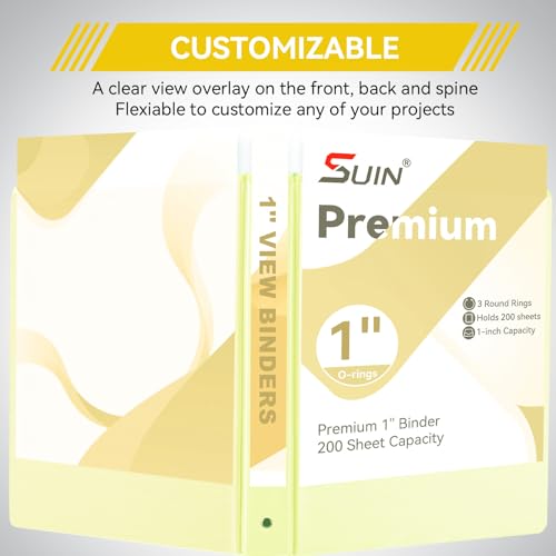 Image of SUIN 1 Inch 3 Ring Binder, Clear 1'' View Presentation Binders with 2 Pockets, Fits 8.5 x 11 Letter Size, Durable Polypropylene, Non-Stick & PVC-Free for School, Office & Home (Brushed Yellow)