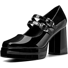 Coutgo Womens Platform Mary Jane Pumps Two Strap Square Toe Chunky Block Heel Sandals Party Shoes