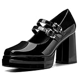 Coutgo Women's Platform Mary Jane Pumps Two Strap Square Toe Chunky Block Heel Sandals Party Shoes, Black, Size 8