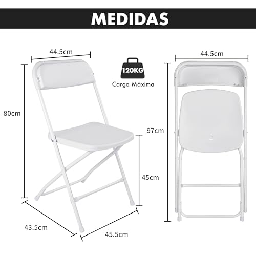 Miniatura 3 de Pack 4 Sillas Plegables Negras Apilables Resistentes Interior Exterior Asiento Ergonómico Plástico Reforzado Estructura Acero Antideslizante Oficina Comedor Eventos Camping Hasta 120kg Blanco