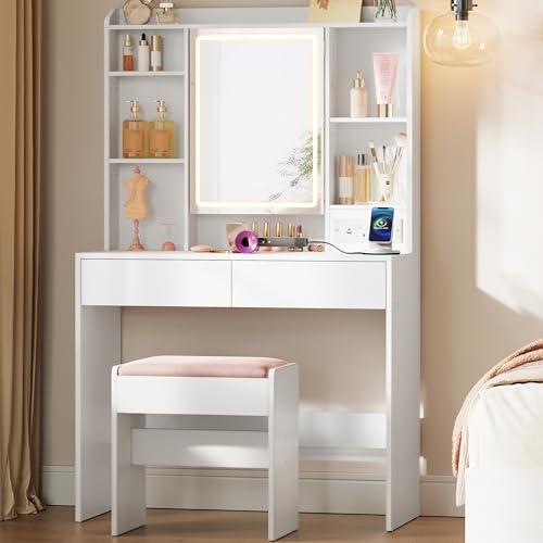 VASAGLE KAILYN Collection - Dressing Table with LED Lights and Power Outlets, 3 Colours, Vanity Desk with Mirror, Vanity Table with 2 Drawers, Makeup Desk, Modern, Cloud White RDT143WB02