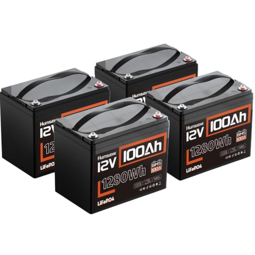 Image of HumsiENK 4 Pack 12V 100Ah LiFePO4 Battery Lithium Deep Cycle, Group 24, IP67, Built-in 100A BMS, 1280Wh Energy, 15000+ Cycles for RV Solar Off-Grid Marine Trolling Motor, Portable Power for Camping