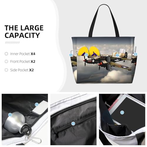 Sacs à main décontractés pour femme grand sac de travail imprimé avion guerre mondiale noir