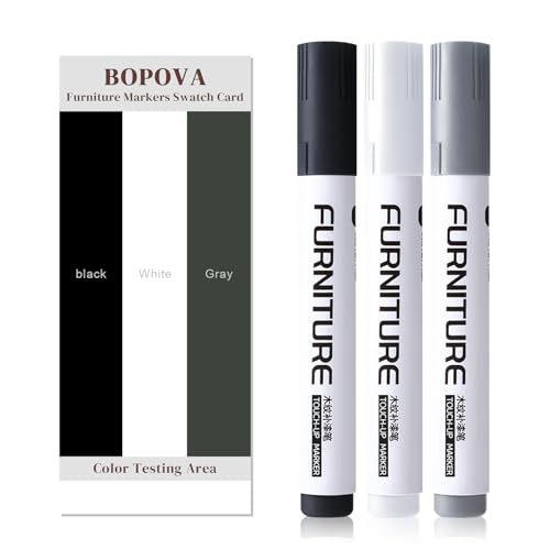BOPOVA Furniture Markers Touch Up Wood Floor Scratch Repair Kit 3 Colors Markers for Scratches Stains Floors Tables Desks Cabinet Bedpost (Black White Gray)