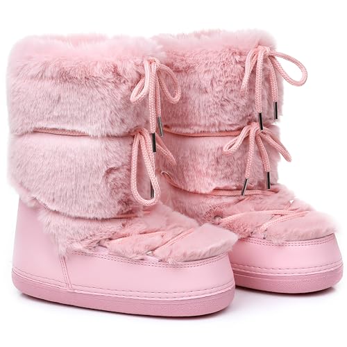 Faux Fur Snow Boots for Women,Furry Fuzzy Fluffy Womens Boots Lace-up Winter Warm Fur Lined Mid-Calf Non-Slip Ski Boots (pink, Adult, Women, 8, Numeric Range, US Footwear Size System, 9, Medium)