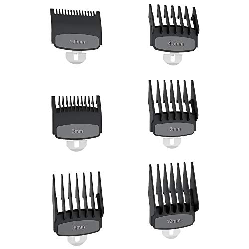 Ciwellu - Premium Cutting Guide Comb with Metal Clip, fits most full-size hair clipper, 1/16", 3/16", 1/8", ¼", 3/8" and ½", glass and mineral-filled plastic & stainless steel, black, 6 pack