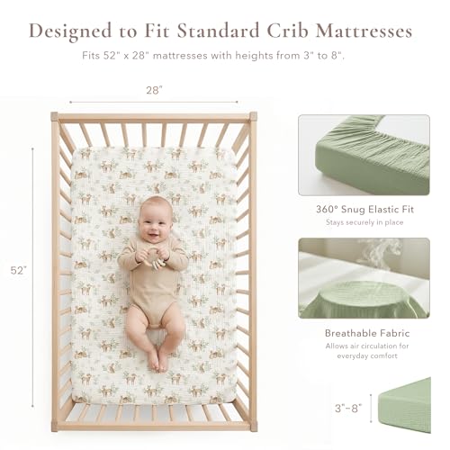 Image of Konssy Muslin Crib Sheets 2 PCS, 100% Cotton Baby Crib Sheets for Standard Crib Mattress (28 inchx 52 inch), Soft and Breathable for Boys, Girls (Woodland,Sage)