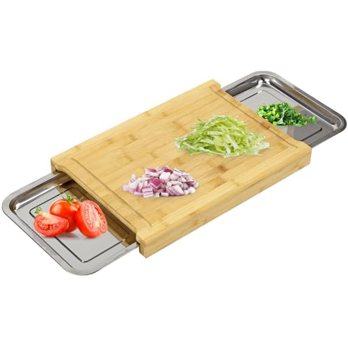 Taylor & Brown Bamboo Organic Wooden Chopping Board Cutting Slicing with 2 Sliding Stainless Steel Trays for Food Prep, Meat, Vegetables & Bread, 30cm x 42cm x 4cm