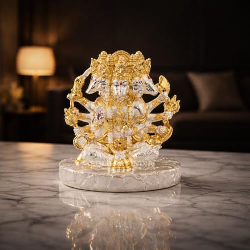 Image of Gold Art India Panchmukhi Hanuman Idol | Gold & Silver Plated Dual Tone Murti | Glossy Finish Polyresin Statue | Spiritual Home Decor for Mandir, Office & Car Dashboard | Premium Gift | 4 Inch