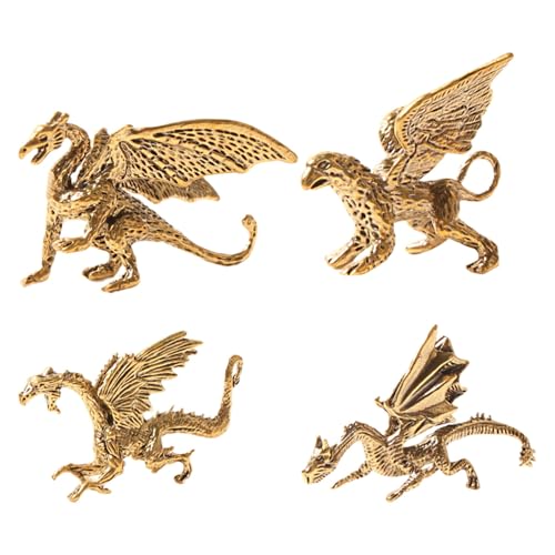 NOIAFZY 4PCS Vintage Brass Dragon Statues - Movie Theme Monster Decor for Living Room, Suitable for Halloween, Christmas, Easter, Thanksgiving, No Power Needed