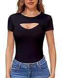 WXXYCS Sexy Cut Out Short Sleeve Tops for Women, Round Neck Ribbed Knit Fitted Tee T-Shirt,Open Chest Design for Going Out Tee