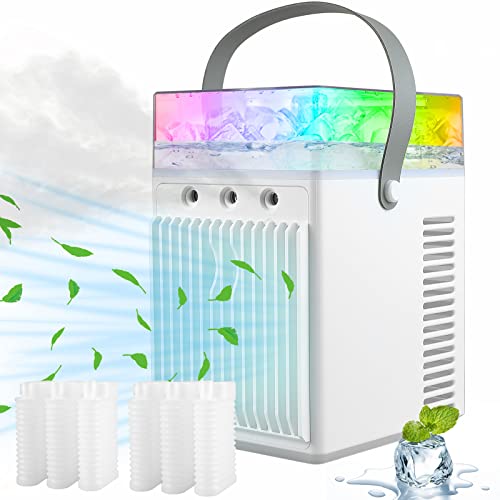 Portable Air Conditioner Fan Personal Air Conditioner Mini Evaporative Portable Personal Air Cooler with 3 Speeds USB-C Portable Evaporative Cooler with 7 Colors Light & 6 Ice Boxes for Bedroom Office