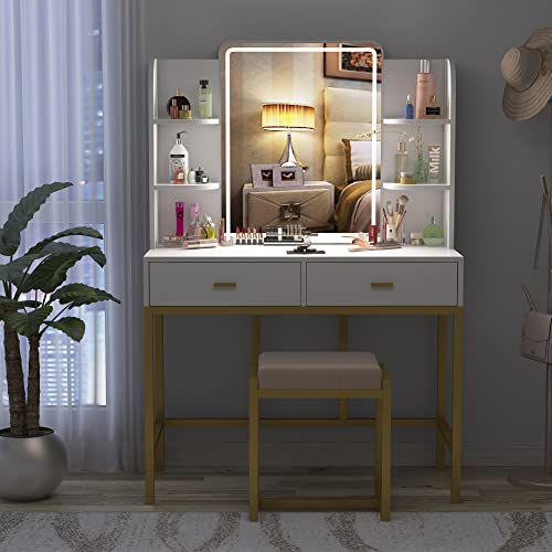 Aousthop Vanity Set With Lighted Mirror, Makeup Vanity Dressing Table With Led Lights, Storage Shelves, Cushioned Stool & 2 Drawers, Dresser Desk For Bedroom, Gold-White #TOP1