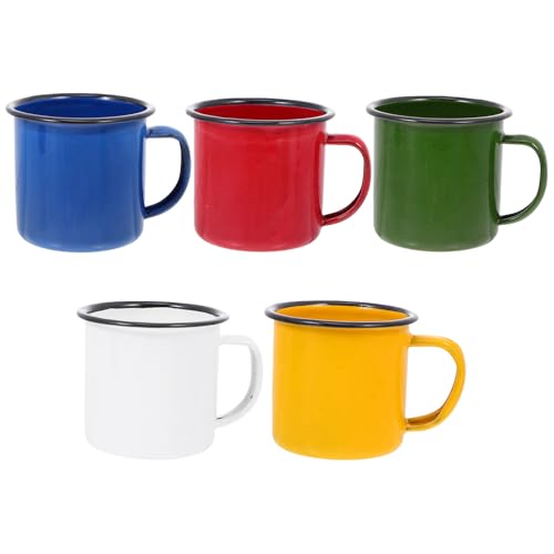 ULDIGI Juego de 5 Tazas Metálicas para Camping Esmalte, Diseño Vintage Redondo y Aislamiento Térmico para Bebidas Calientes en Exteriores Color Aleatorio