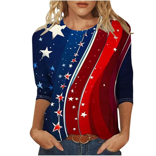 Image of Fourth of July Shirts for Women 3 /4 Sleeve Summer Tops American Flag Print T Shirt Patriotic 4th of July Shirts 2025