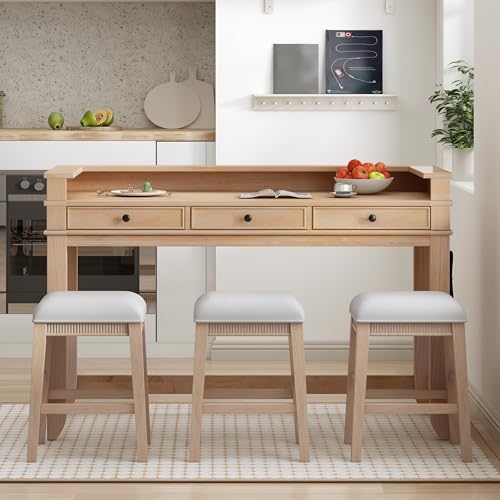 QVUUOU 4-Piece Retro Kitchen Dining Set for 3 with Storage Drawers, Space-Saving Small Bistro Table and Chairs, Multifunctional Breakfast Nook Set, Easy Assembly (Natural) - Thumbnail 2