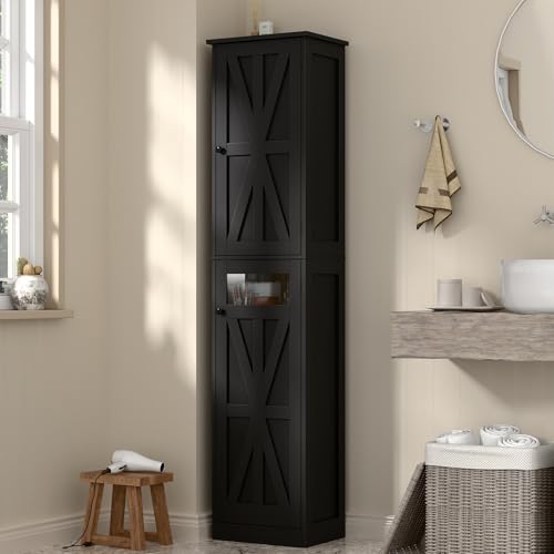 Image of Halitaa Tall Narrow Bathroom Storage Cabinet, Slim Bathroom Cabinet with Adjustable Shelves and 2 Doors, Farmhouse Freestanding Floor Storage for Small Spaces, Bathroom, Kitchen, Living Room, Black