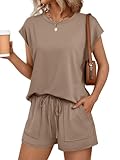 AUTOMET Womens Lounge Two 2 piece Sets Summer Spring Cruise Outfits 2026 Matching Beach Vacation Clothes Travel Sweatsuits Sweat Casual Romper Shorts Fashion Trendy Clothing Loungewear Khaki M