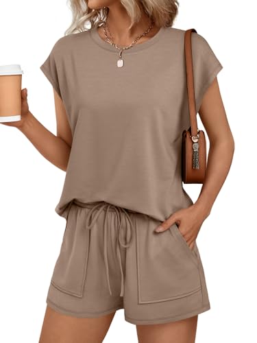 Image of AUTOMET Womens Crew Neck Two Piece Short Sets Cap Sleeve Drawstring Summer Sweatsuit with Pocket