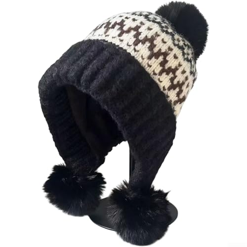 Gorro de invierno de punto para mujer con orejeras y bolas decorativas, interior de forro polar cálido para protección contra el viento (negro)
