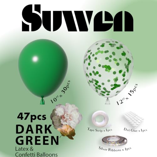 Image of SUWEN 47PCS Dark Green Latex and Confetti Hunter Emerald Forest Balloon Set | Hunter Emerald Forest Green Helium Matte Balloon for Birthday Anniversary Christmas Jungle Safari Party Decorations
