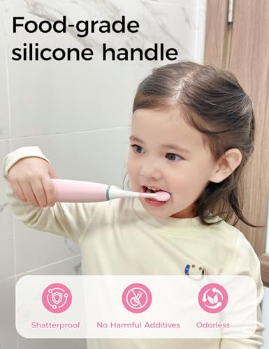 Seago Electric Toothbrush for Kids Aged 5-8, 8 Brush Heads in 2 Sizes for Growing Teeth, 70-Day Battery with Charging Station, BPA-Free Food-Grade Silicone Grip, 2-Min Timer, IPX7 Waterproof, Pink - Image 5