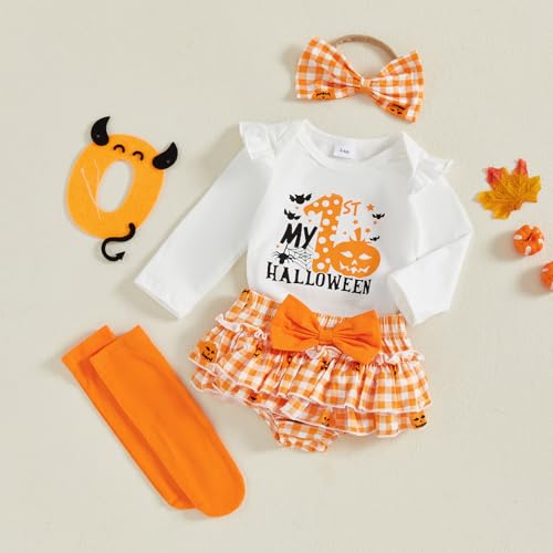 Infant Baby Girl Halloween Outfit Letters Pumpkin Ghost Print Long Sleeves Romper Shorts Halloween Clothes 4Pcs2