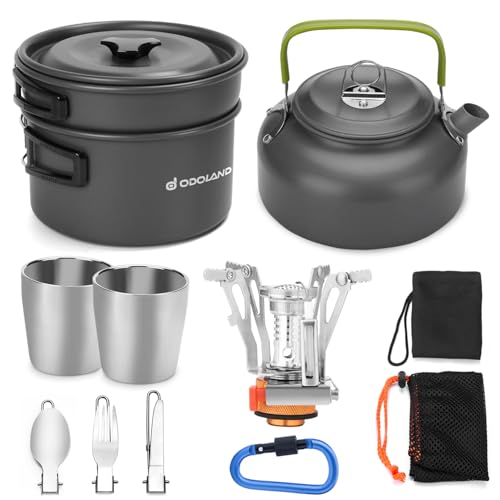Comparison: Best Pots And Pans For Propane Stove 11 Odoland 12pcs Camping Cookware Mess Kit with Mini Stove, Lightweight Pot Pan Kettle with 2 Cups, Fork Spoon Kit for Backpacking, Outdoor Camping Hiking and Picnic