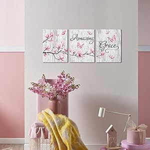 Visual Art Decor Amazing Grace Quote Gift Canvas Prints Wall Art Elegant Pink Magnolia Flowers with Butterfly Painting Rustic Grey Farmhouse Wooden Background Picture for Living Room Bedroom Bathroom