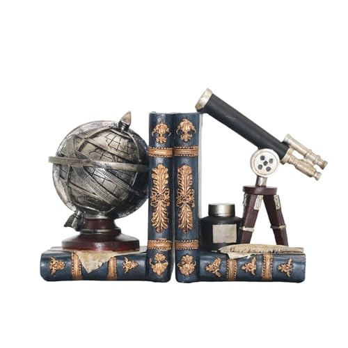 Fermalibri decorativi vintage con sfera armillare e telescopio astronomico antico spazio tempo fermalibri resistenti reggilibri decorazione astronomica per scaffali, decorazioni per casa e ufficio