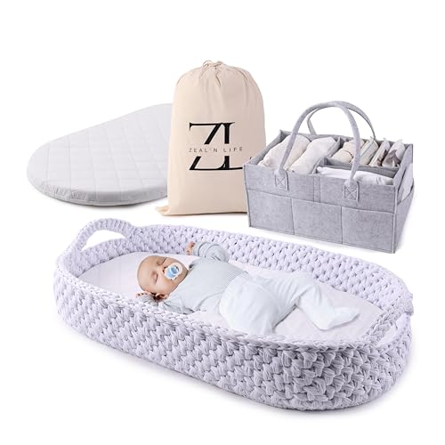 Image of ZEAL'N LIFE Baby Changing Basket with Diaper Caddy & Changing Pad Cover - Handmade Moses Basket for Babies, Changing Pad for Dresser, Changing Basket Baby, Baby Changing Pad, Baby Dresser (White)