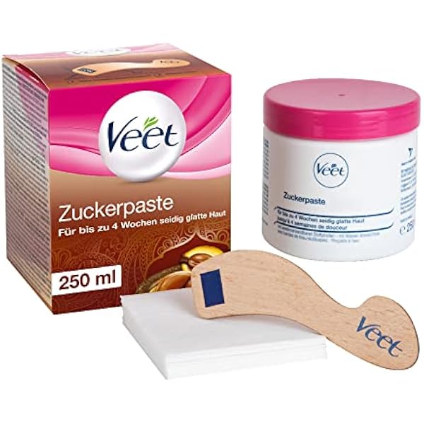 Veet Pure pasta cukrowa o zapachu kwiatów wanilii – pasta cukrowa do usuwania włosów na ciele i twarzy – 1 x 250 ml wraz z drewnianą szpatułką i paskami z materiału
