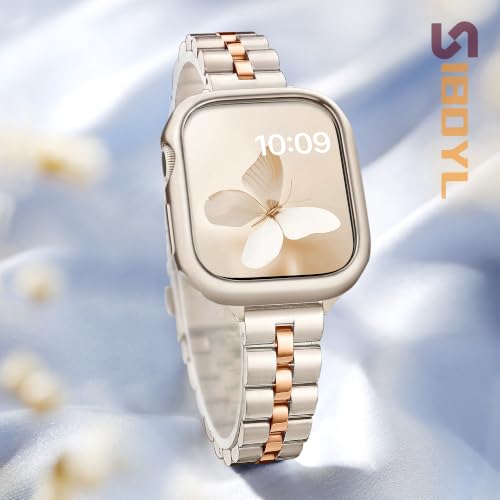 [SIBOYL] 中空保護ケース い対応アップルウォッチ バンド と41mm 40mm 38mm、ファインタッチ、耐衝撃ソフトで快適なケース、コンパチブル超細Apple Watch バンド ステンレス、おしゃれ対応のアップルウォッチ ベルトレディース、互换Apple Watch Se 9 8 7 6 5 4 3 2 1-スターライト&ローズゴールド