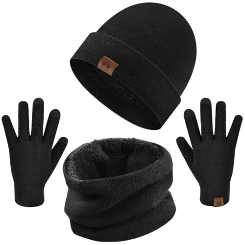 heekpek Bufanda Gorro Guantes para Hombre Invierno Regalos para Hombre Mujer Unisexo Set de Guantes de Punto BufaSombrero de Invierno Gorras Con Bufanda (Negro)