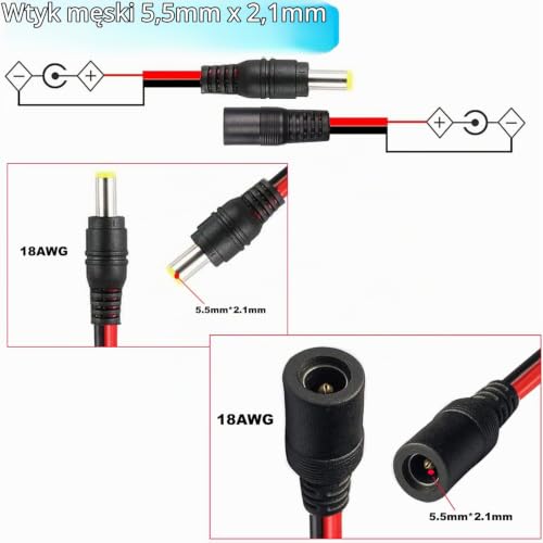RUNCCI-YUN 20 sztuk DC Power Pigtail Cable, 18AWG DC 12 V 5A 5,5 x 2,1 mm Zestaw wtyków DC, adapter zasilania DC i Cape DC Power Pigtail do bezpiecznego użytku domowego i iluminação do Festas
