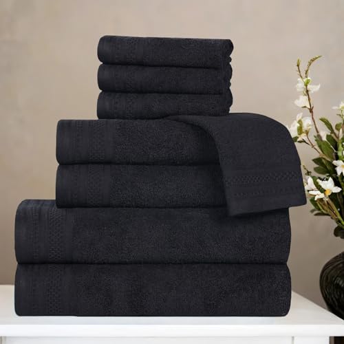 SUPERIOR Honeycomb Cotton Medium Weight Towels, for Guest Bath, Master Bathroom, Shower, Quick Dry, Adults, Home Essentials, Textured Waffle Border, Assorted Towel Set, 8 Piece Towel Set, Black