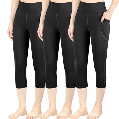 BIG ELEPHANT 3 Packs Girls Capri Leggings with Pockets, High Waisted Yoga Pants Athletic Running Dance Workout for Kids by BIG ELEPHANT - Used condition - US$22.39