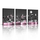 Sycdeor Romantic Black and Pink New York City Night Scenes Canvas Wall Art- Modern Cityscape Sailboa